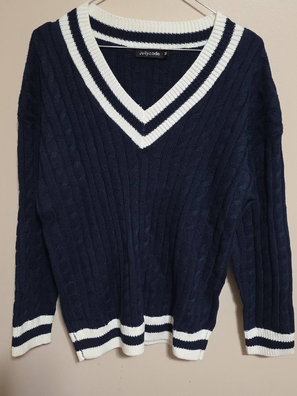 Navy V-Neck Cable Knit Sweater with White Stripe Trim